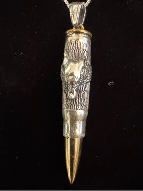 Two-Tone sterling silver Bullet Pendant Necklace with wolf or fox Animal Motif!